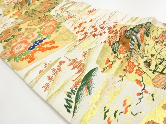 JAPANESE KIMONO / ANTIQUE NAGOYA OBI / WOVEN HOUSE & FLOWER
